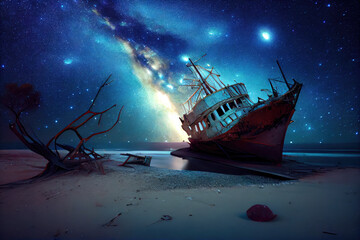 The wrecked ship under starry night with clearly milky way.