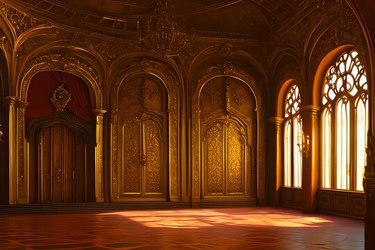 oil paint of a realistic fantasy interior of the royal palace. golden red palace. castle interior. f