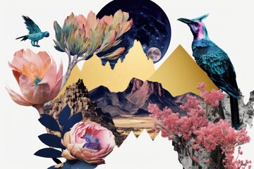 Wall Mural - Colorful vivid vintage background. Creative retro but contemporary abstract pop art collage style of Spring mountains and flowers concept, flora and fauna. Generative AI.