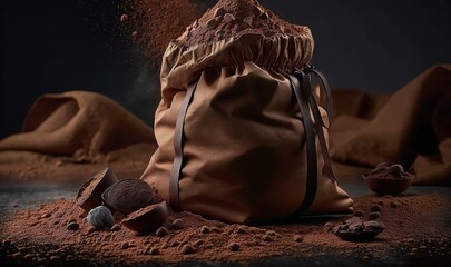 Poster -  a bag filled with chocolate powder and nuts on top of a table.  generative ai