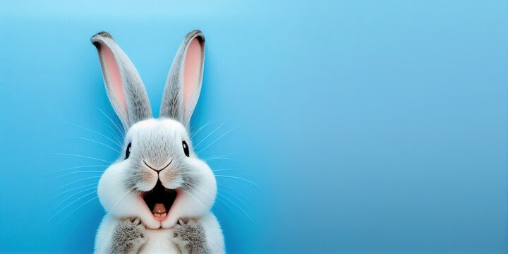 cute animal pet rabbit or bunny white color smiling and laughing isolated with copy space for easter