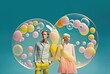© Uncanny Valley - Vintage love portrait of young couple in love, man and woman standing and posing in iridescent transparent soap bubbles. Generative AI.