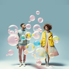 Vintage love portrait of young couple in love, man and woman standing and posing in iridescent transparent soap bubbles. Generative AI.