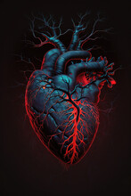 An Illustration Of The Black Human Heart With A Red Luminous Reflecting. Decorative Stylized Human Heart With Vessels, Veins And Aorta On A Dark Background. Generative Ai.