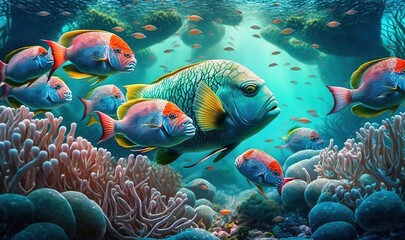 Wall Mural -  a painting of a group of fish swimming in the ocean.  generative ai