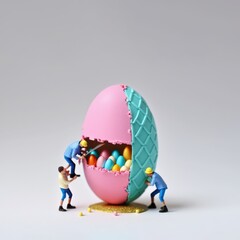 Wall Mural - Funny abstract creative concept, builders, workers building a huge pastel Easter egg. A large colorful egg statue. Generative AI.