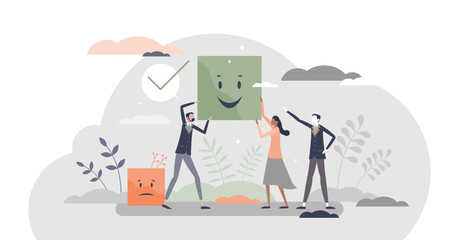 Wall Mural - Choosing positive smiling colleague over sad and negative tiny person concept, transparent background.Chose happy attitude for office people illustration.