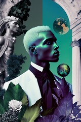 Wall Mural - Creative retro but contemporary abstract pop art collage style of flora and handsome man, antique pillars, leaves and tropical vintage black background. Generative AI.