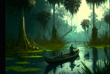 Fisherman On River Surrounded With Jungle. Generative AI