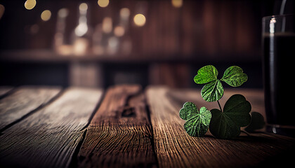 st. patrick's day concept. image of wooden table in front of abstract blurred background of bar ligh