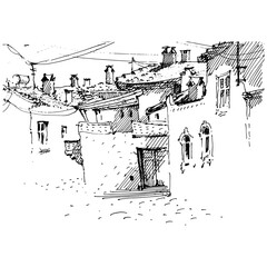 Sketch of the street. Old city street in hand drawn sketch style. Vector illustration. Black and white urban landscape on white background