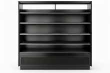 The Black Shelves Rack In The White Background. Generative AI.