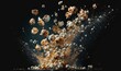  a pile of popcorn exploding into the air with a black background.  generative ai