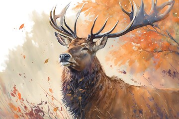 Watercolor Painting of Portrait of Majestic Red Deer Stag in Autumn Fall