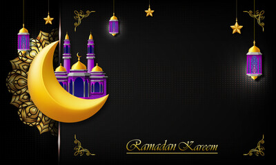 Wall Mural - ramadan kareem greeting card. luxury and elegant islamic celebration poster with free space for cover design or text. isolated on black background. vector illustration