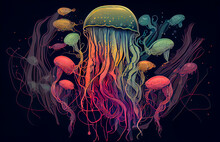 Jellyfish Drawing In Vintage Colors. Generative AI, Generative, AI