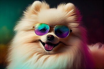 White pomeranian wearing sunglasses smiling. pastel tones.