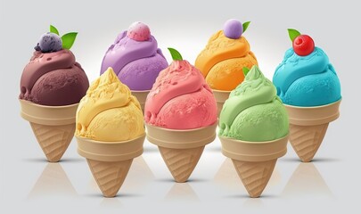 Poster -  a group of ice cream cones with different flavors of ice cream.  generative ai