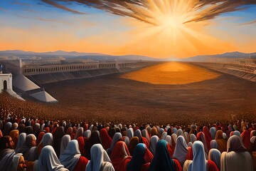 Oil Paint of Revelation of Jesus Christ, new testament, religion of christianity, heaven and hell over the crowd of people, Jerusalem of the bible. Generative AI