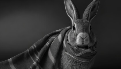 Wall Mural -  a black and white photo of a rabbit wrapped in a blanket with its mouth open and tongue out, with a black background and a black background.  generative ai