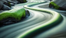  A Stream Of Water Flowing Between Two Large Rocks With Green Moss Growing On It's Sides, In A Rocky Area With Rocks And Boulders.  Generative Ai