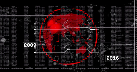 Wall Mural - image of globe and data processing on black background