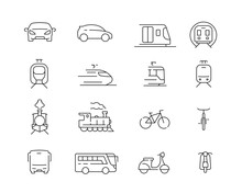 Transport Vehicles Icon Collection Containing 16 Editable Stroke Icons. Perfect For Logos, Stats And Infographics. Change The Thickness Of The Line In Adobe Illustrator (or Any Vector Capable App).