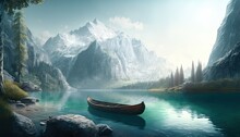  A Painting Of A Boat On A Lake With Mountains In The Background And A Forest In The Foreground With Rocks And Grass In The Foreground.  Generative Ai