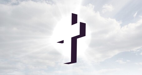 Sticker - Digital composite image of back lit cross against sky with clouds