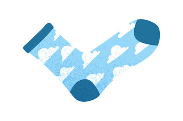 Stylish sock with clouds. Blue element of clothing with print, accessory. Aesthetics and elegance. Sticker for social networks and messengers. Cartoon flat vector illustration