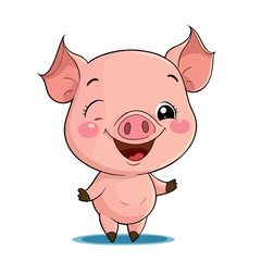 Wall Mural - Little pink and cheerful pig. Little baby pig. A friendly little pig with big dark eyes. Nice character graphics made in vector graphics. Illustration for a child.
