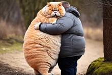 Cute Fat Cat Hugs Fat Man In Nature Background. Generative AI