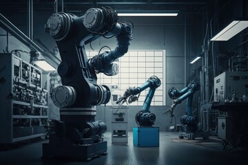 Modern factory using artificial intelligence robots arms and innovative technology, AI futuristic industry concept, AI generated