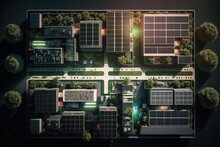Rooftop Solar Array Used To Produce Electricity Using Photovoltaic Cells, Seen From Above. Sustainable City Planning With Renewable Energy. Generative AI