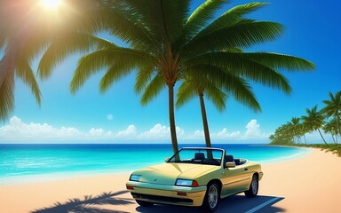 Wall Mural - Retro car from the 90's with a view of the ocean and palm trees, travel concept, vacations, vacation, polaroid effect, generative ai	