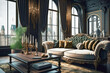 © Nattawat - Luxury living room interior with high ceilings, ornate moldings, and large windows surrounded by opulence and extravagance furniture, AI generated