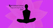 Image of international meditation day text with woman meditating silhouette on purple background
