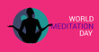 Image of world meditation day text with woman meditating silhouette on red background