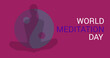Image of world meditation day text with woman meditating silhouette on purple background
