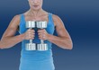 © vectorfusionart - Mid section of caucasian fit woman holding a pair of dumbbells against copy space on blue background