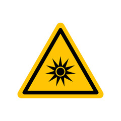 Optical radiation sign. Black danger icon on yellow triangle symbol. Vector illustration, hazard symbol. Danger pictogram, warning sign icon. Informing about different risk and caution.
