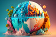 Global warming concept. Planet earth with different climatic zones and volcanoes. Colorful climate change illustration in cartoon style. Generative AI.