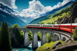 Bernina Express train on Landwasser Viaduct in summer, Bernina Express train crossing Landwasser Viaduct during summer in the Swiss Alps, Generative AI