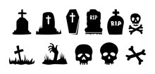 Set Scary Decorative Elements, Isolated On White Background. Vector Illustration, Traditional Halloween Icons - Grave, Cross And Coffin. Halloween Black Silhouettes - Skull With Crossbones.