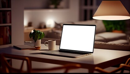 Workspace tabletop close-up with laptop mockup and decor over blurred cozy living room at night. Generative AI.