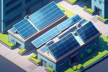 Canvas Print - Aerial view of blue photovoltaic solar panels installed on the roof of a building to generate eco friendly electricity. Generation of sustainable power source. Generative AI