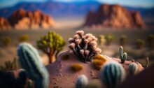  A Desert Scene With Cactus Trees And Mountains In The Background, With A Blurry Image Of A Desert Landscape In The Foreground, And A Distant Mountain Range In The Distance.  Generative Ai
