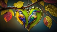  A Couple Of Birds Sitting On Top Of A Green Heart Shaped Tree Branch In Front Of A Leaf Filled Tree Branch With A Green Heart Hanging From A Branch.  Generative Ai
