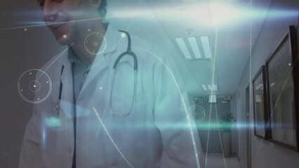 Wall Mural - Animation of networks of connections over caucasian doctor and patient in hospital