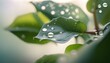  a green leaf with water droplets on it's leaves and a sky background with a few clouds in the background and a few green leaves with water droplets on them.  generative ai